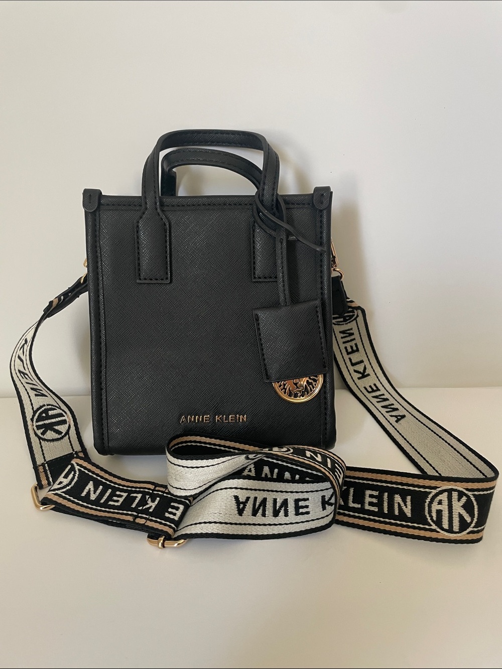 Anne Klein Black Mini Satchel Crossbody Bag Logo Strap Gold Hardware